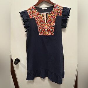 NWT Kirundo Women’s XL Boho Navy Blue Embroidered Multicolor Dress Floral